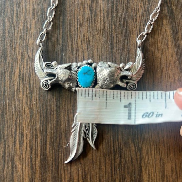 Navajo Sterling Silver and Turquoise Wolf Pendant Necklace - Picture 4 of 8